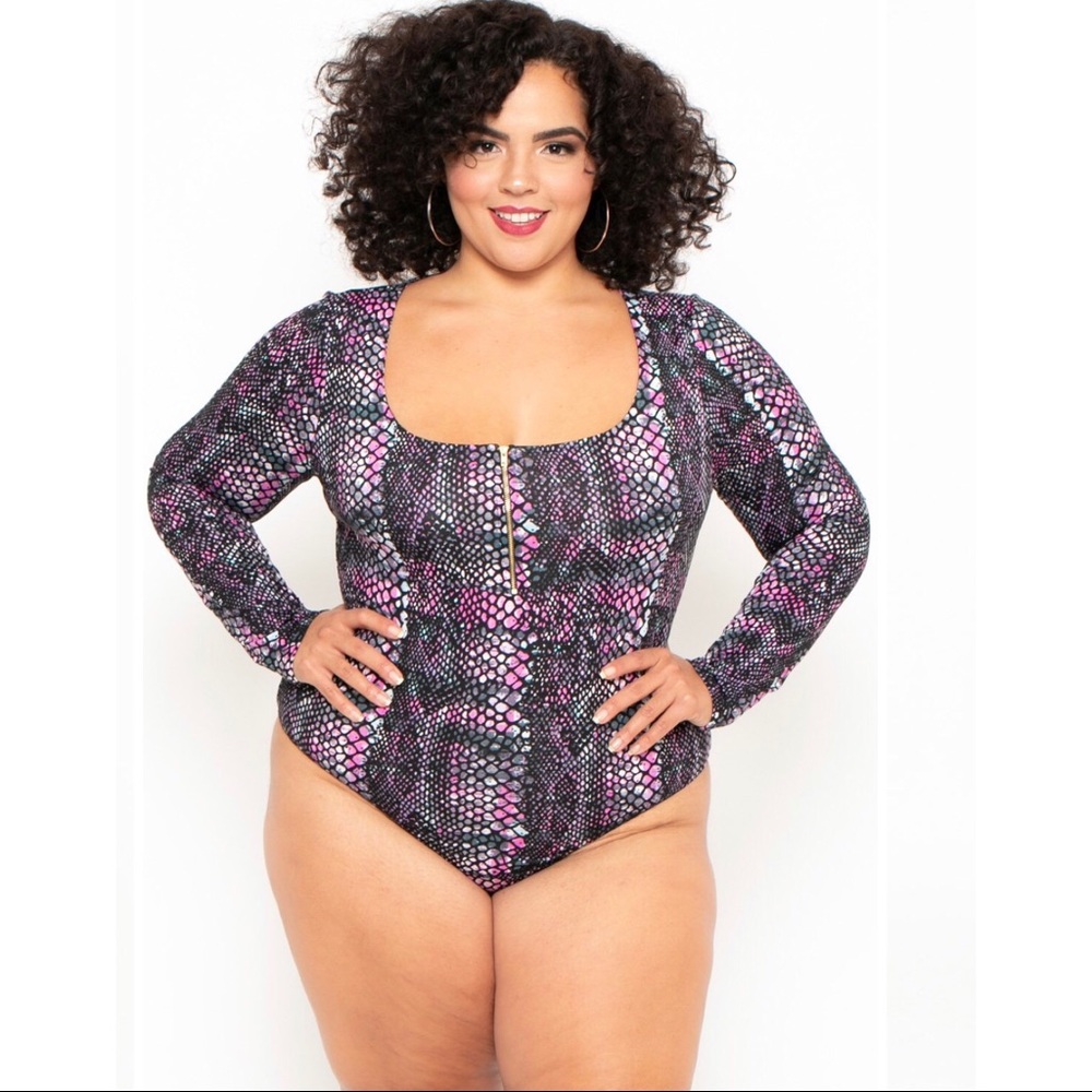 PLUS SIZE SNAKE PRINT BODYSUIT PURPLE